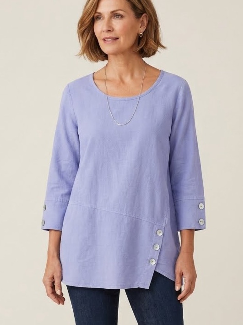 Soft Surroundings Periwinkle Blue Side-Button Knit Tunic 3/4 Sleeve Size Large